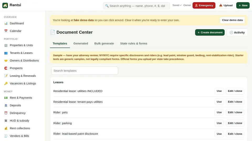 Document Center screen (sample data)
