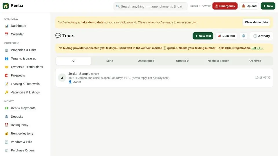 Texting, calling and email built in screen (sample data)