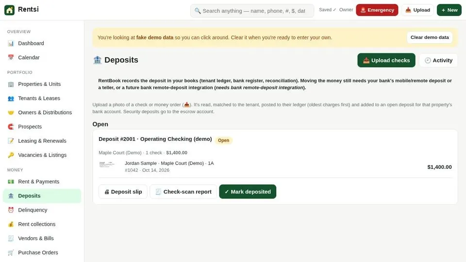 Bills, check printing and banking screen (sample data)